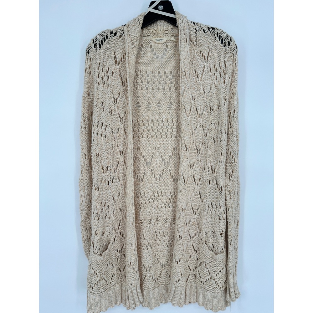 Lucky Brand‎ Women Beige Pointelle Crochet Open Front Cardigan Sweater Pockets M